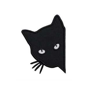 Peeking Black Cat Embroidered Applique Iron On Patch 2.2&quot; x 2.75&quot; RIP Cross Halloween Cross Trick Or Treat Ghost Pumpkin Child Kids Grey