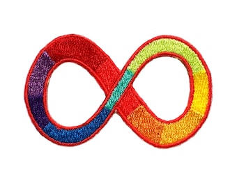 Puede incluir: Parche bordado con símbolo de infinito arcoíris. El parche es rojo, naranja, amarillo, verde, azul, añil y violeta.