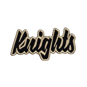 May include: Black and gold embroidered patch with the word "Knights" in a stylized font.