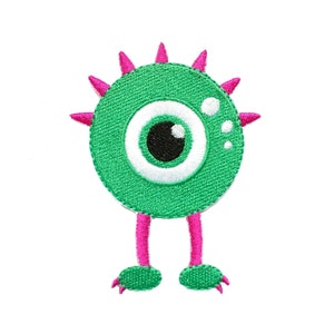 Pode incluir: Monstro verde de um olho com espinhos e pernas cor-de-rosa. O monstro tem um olho branco com uma pupila preta e três pontos brancos no seu corpo.