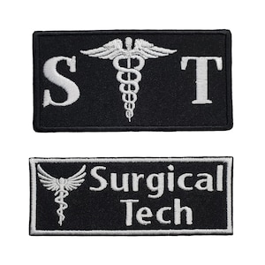 Surgical Tech Caduceus Embroidered Medical Name Tag Iron on, Sew on, or Hook & Loop Patch 4&quot; x 1.5&quot; Or 4&quot; x 2&quot;