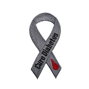 May include: Grey ribbon with the text "Cure Diabetes" in black and a red blood drop.