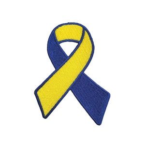 May include: A yellow and blue ribbon, a symbol of awareness and support.