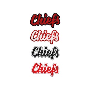 May include: Four iron-on patches with the word "Chiefs" in a stylised font. The patches are in red, white, and black.