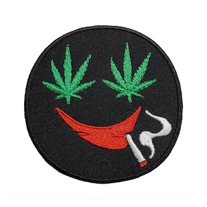 Weed Face Emoji Embroidered Iron On Patch, Cannabis Hemp Applique