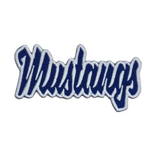 Mustangs text broderad applikation stryk-på lapp olika storlekar lagnamn anpassningsbara färger