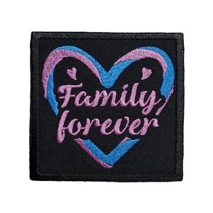 May include: Embroidered patch with a pink and blue heart and the text "Family forever".