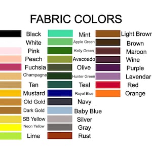 K&ouml;nnte beinhalten: Eine Tabelle mit Stofffarben und den dazugeh&ouml;rigen Namen. Die Farben umfassen Schwarz, Wei&szlig;, Rosa, Pfirsich, Fuchsia, Champagner, Braun, Senf, Altgold, Dunkelgold, SB Gelb, Neon Gelb, Limette, Minze, Apfelgr&uuml;n, Kelly Gr&uuml;n, Avocado, Olive, Hunter Gr&uuml;n, Teal, K&ouml;nigsblau, Marineblau, Babyblau, Silber, Grau, Rost, Hellbraun, Braun, Rotbraun, Wein, Lila, Lavendel, Rot und Orange.