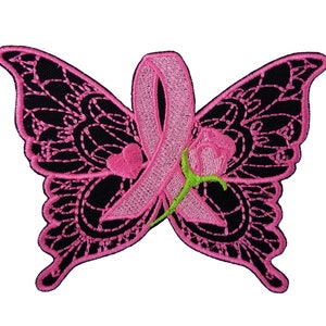 Breast Cancer Awareness Ribbon Butterfly (Style 8) Embroidered Iron On Patch 3.8&quot; x 2.8&quot; Nursing Mothers Birth Parents Gifts Fundraising