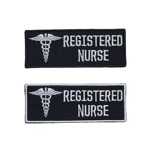 May include: Two black embroidered patches with white stitching. The patches feature a caduceus symbol and the text "REGISTERED NURSE".