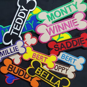 Custom Your Dog Name in a Bone Embroidered Iron On, Sew On, or Hook & Loop Patch Small, Medium, and Large Sizes Available Personalized Tag