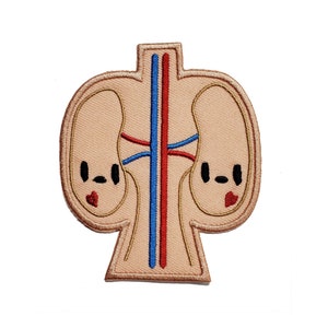 May include: Embroidered patch of two cartoon kidneys with smiling faces and red hearts. The kidneys are connected by a red and blue tube.