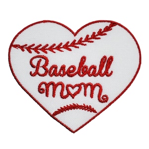 May include: Red embroidered heart-shaped patch with a baseball design and the text "Baseball Mom" with a heart symbol in the word "Mom".