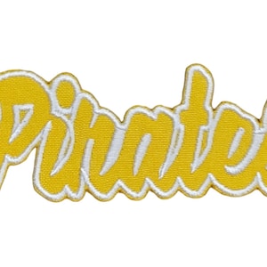 May include: Yellow embroidered patch with the word "Pirates" in a stylized font.