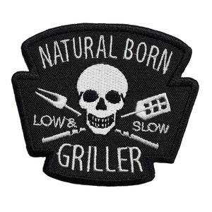 Natural Born Griller Embroidered Applique Iron On Patch 3&quot; x 2.6&quot; Funny Charcoal Gas Brush Cover Cookout Family Picnic Party Beach Holiday