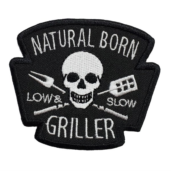 Natural Born Griller Embroidered Applique Iron On Patch 3" x 2.6" Funny Charcoal Gas Brush Cover Cookout Family Picnic Party Beach Holiday