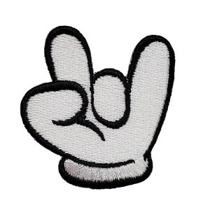 May include: White embroidered patch of a cartoon hand making the rock and roll hand gesture.