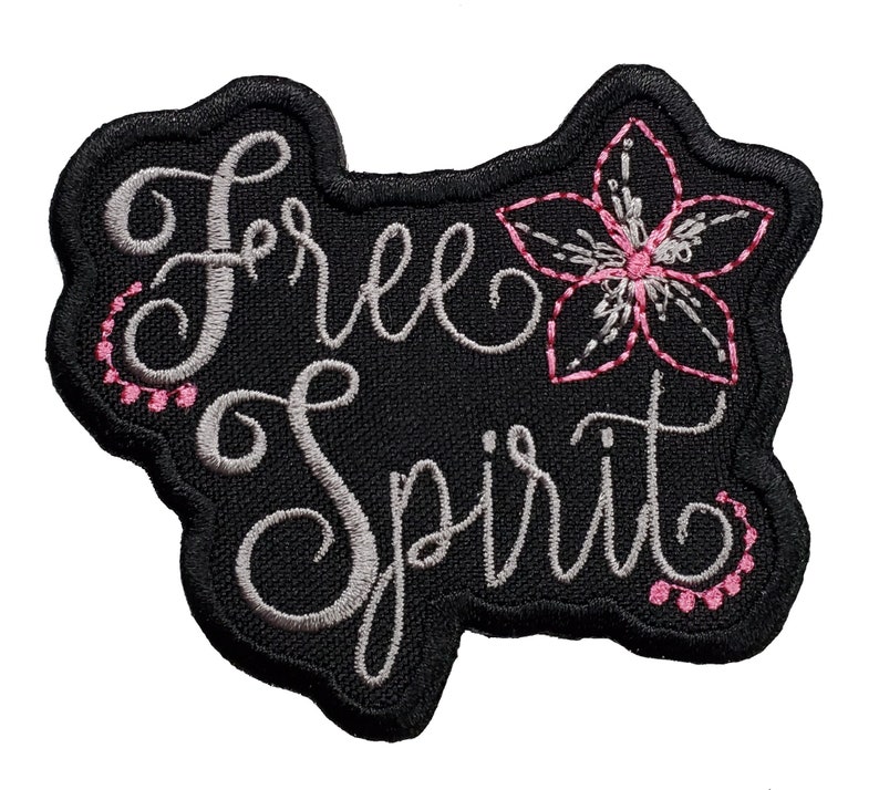 Free Spirit Silver Text Embroidered Iron On Patch 3.3 x 2.75 Inspiration Hippie Flower Child