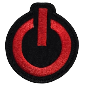 May include: Red power button embroidered patch on a black background.