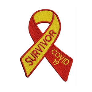 May include: Yellow and red ribbon with the words "COVID 19" and "SURVIVOR" embroidered on it.