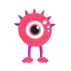 Könnte beinhalten: Ein pinkfarbenes Monster mit einem großen Auge, drei kleineren Augen und violettem, stacheligem Haar. Das Monster hat zwei violette Beine und rosa Füße mit Krallen.