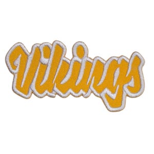 May include: Yellow embroidered patch with the word "Vikings" in a white outline.