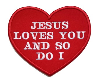 Jesus Loves You Heart Embroidered Iron On Patch (4.4" x 3.75")