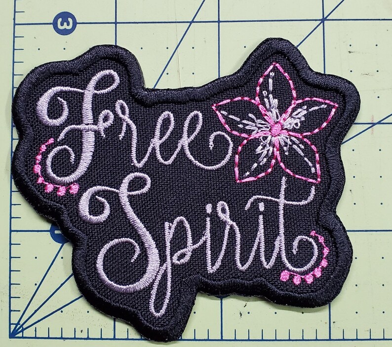 Free Spirit Silver Text Embroidered Iron On Patch 3.3 x 2.75 Inspiration Hippie Flower Child