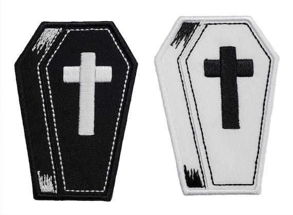 Gothic Vampire Coffin Patch – Red Cross, Embroidered Iron-On, 3x1.5 Inches