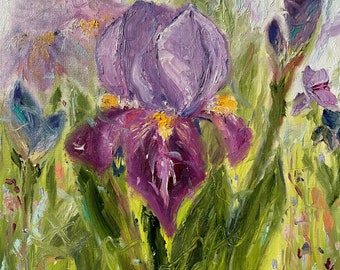 Irises in the Garden. Original oil painting. Unframed. 8x10.