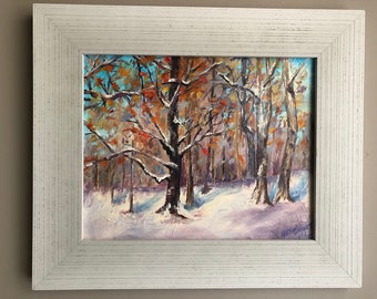 Winter Walk. Original oil painting of a snowy winter landscape. Framed.