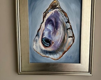 Belleza de la concha de ostra 1. Pintura al óleo original de una concha de ostra. Marco plateado.