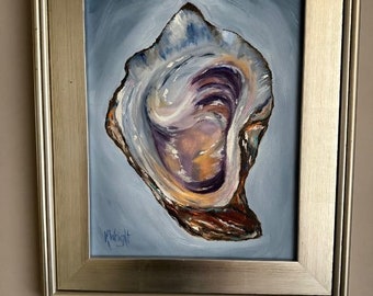 Oyster Shell Beauty 2. Pintura al óleo original de una concha de ostra. Marco plateado.