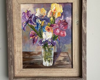 Irises on a Table. Original oil painting.