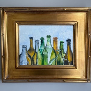 Beautiful Bottles. Original painting of interesting glass bottles. Framed.