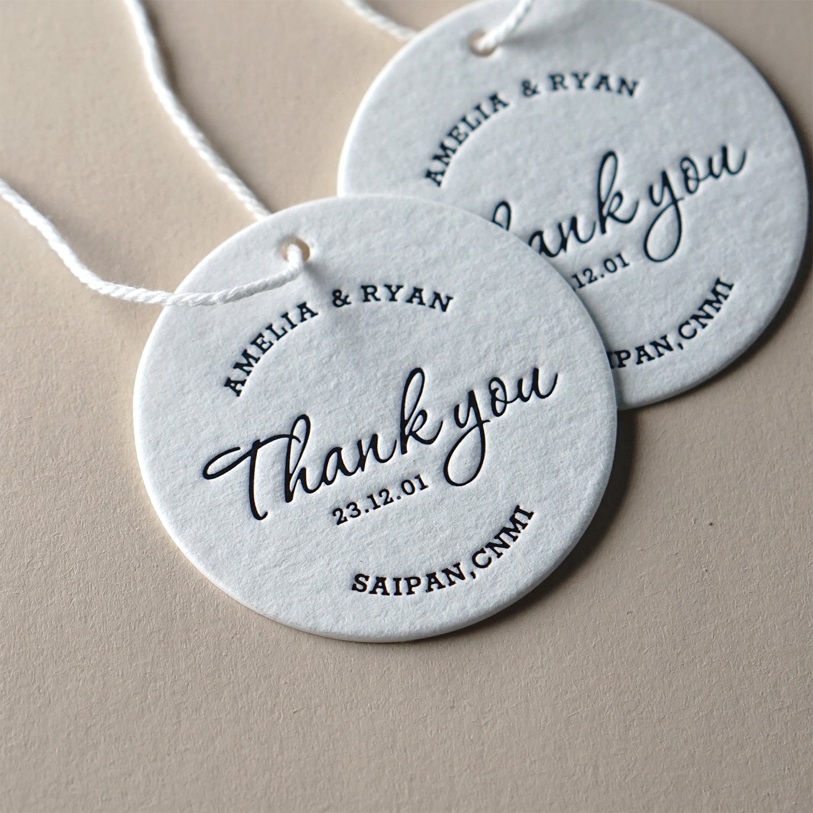 250 Custom letterpress round wedding thank you tags; wedding tags, thank you hang tags, custom ink color, hole punching
