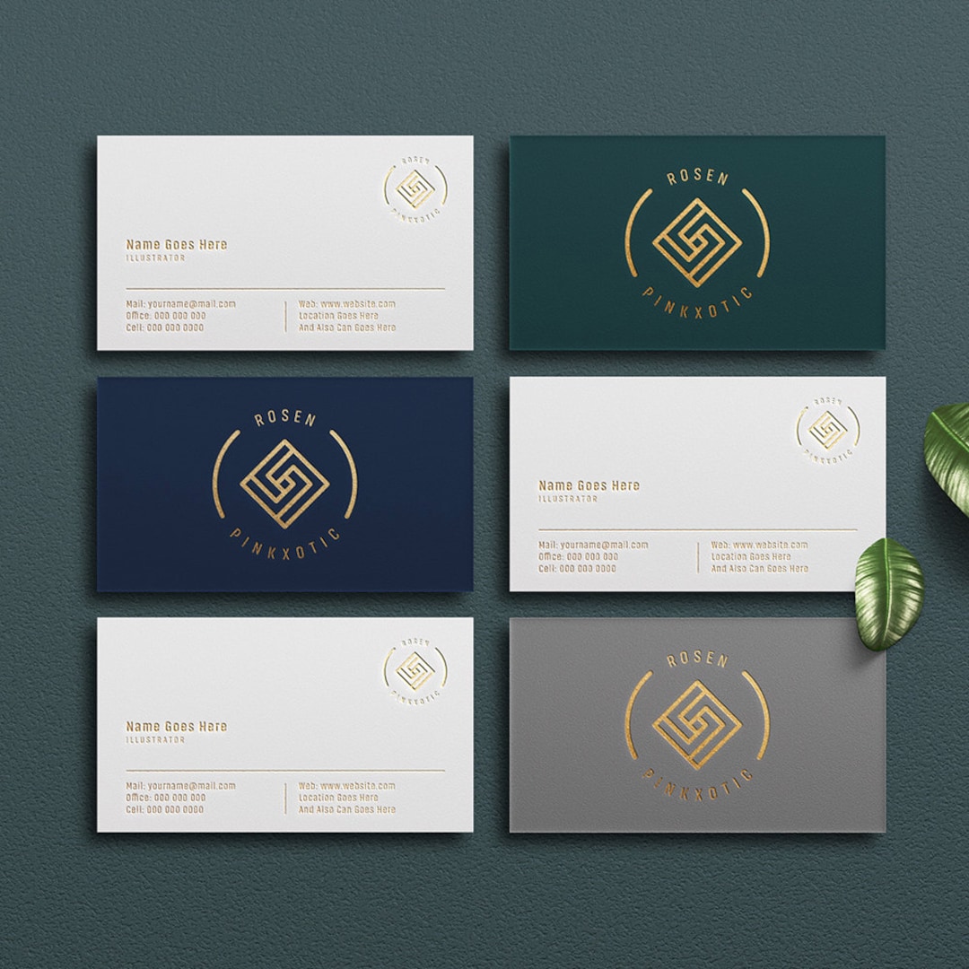 Luxury business card designs using dark green, navy, white, gray, and gold accents