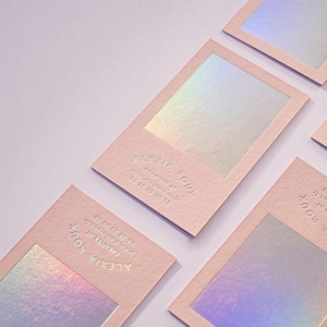 Luxury Light Pink Business Cards with Holographic Foil - Custom Gold Foil Design, Unique and Elegant Premium Cardstock for Professionals