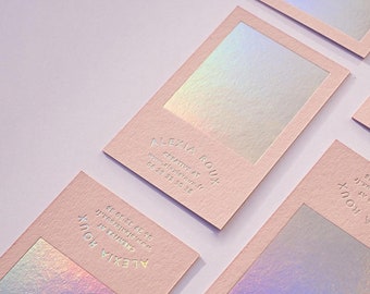 Luxury Light Pink Business Cards with Holographic Foil - Custom Gold Foil Design, Unique and Elegant Premium Cardstock for Professionals