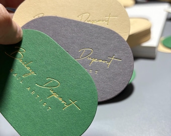 Oval Gold Foil Business Cards - Custom Luxury Green & Grey Die-Cut Calling Cards | Modern Minimalist Elegant Design | Premium Unique