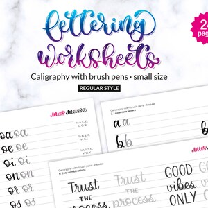 Brush lettering worksheets. Learn calligraphy with brush pens. Step by step printable workbook.