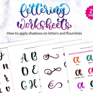 Lettering worksheets: Learn to apply shadows on lettering and flourishes. Printable lettering workbook