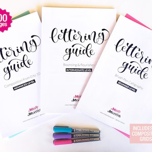 Lettering and brush calligraphy bundle 3 workbooks · Beginners brush calligraphy, bounce lettering, flourishes and lettering composition.