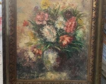 Pintura floral acrílica original vintage de Simone con marco de madera, decoración casera, arte de pared