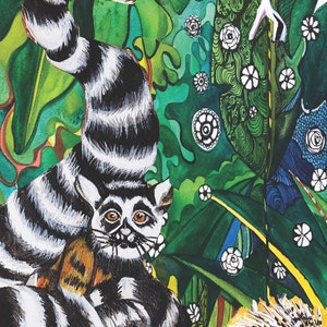 May include: A watercolor painting of a lemur with black and white stripes sitting in a jungle setting. The lemur is looking at the viewer with large, brown eyes. The background is a vibrant green with white flowers and a blue and yellow patterned leaf.