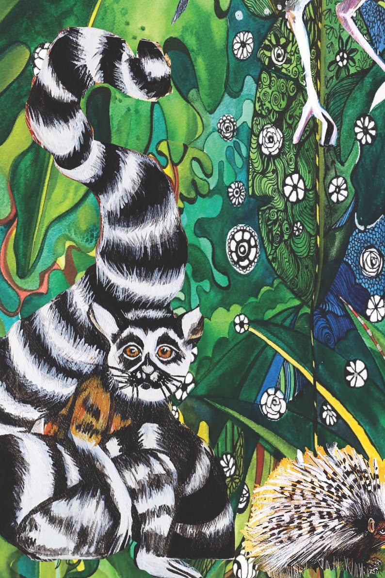 May include: A watercolor painting of a lemur with black and white stripes sitting in a jungle setting. The lemur is looking at the viewer with large, brown eyes. The background is a vibrant green with white flowers and a blue and yellow patterned leaf.