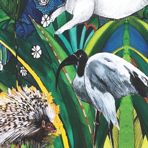 May include: A watercolor painting of a white ibis bird standing in a lush green jungle with a porcupine and a white rabbit. The background is a vibrant green with yellow and blue accents.