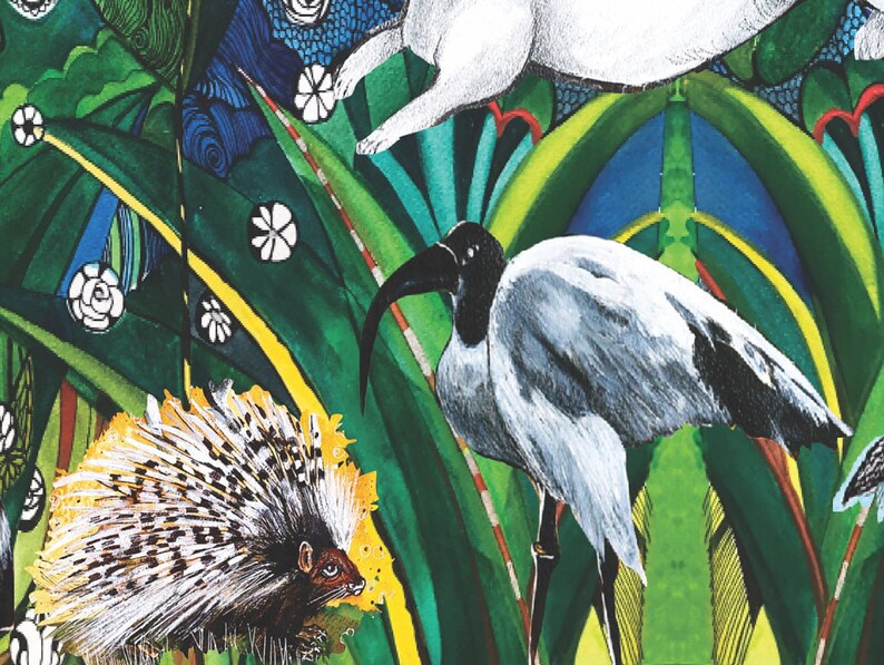 May include: A watercolor painting of a white ibis bird standing in a lush green jungle with a porcupine and a white rabbit. The background is a vibrant green with yellow and blue accents.