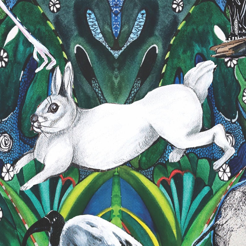 May include: A white rabbit with pink eyes leaps through a colorful, abstract, green, blue, and yellow patterned background.