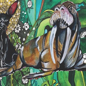 May include: A watercolor painting of a black cat and a walrus. The cat is sitting on its hind legs and looking to the left. The walrus is lying on its side with its head raised and its mouth open. The background is a green and yellow abstract design.